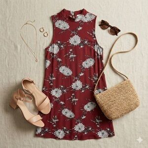 Alya Maroon Floral Sleeveless Midi Dress